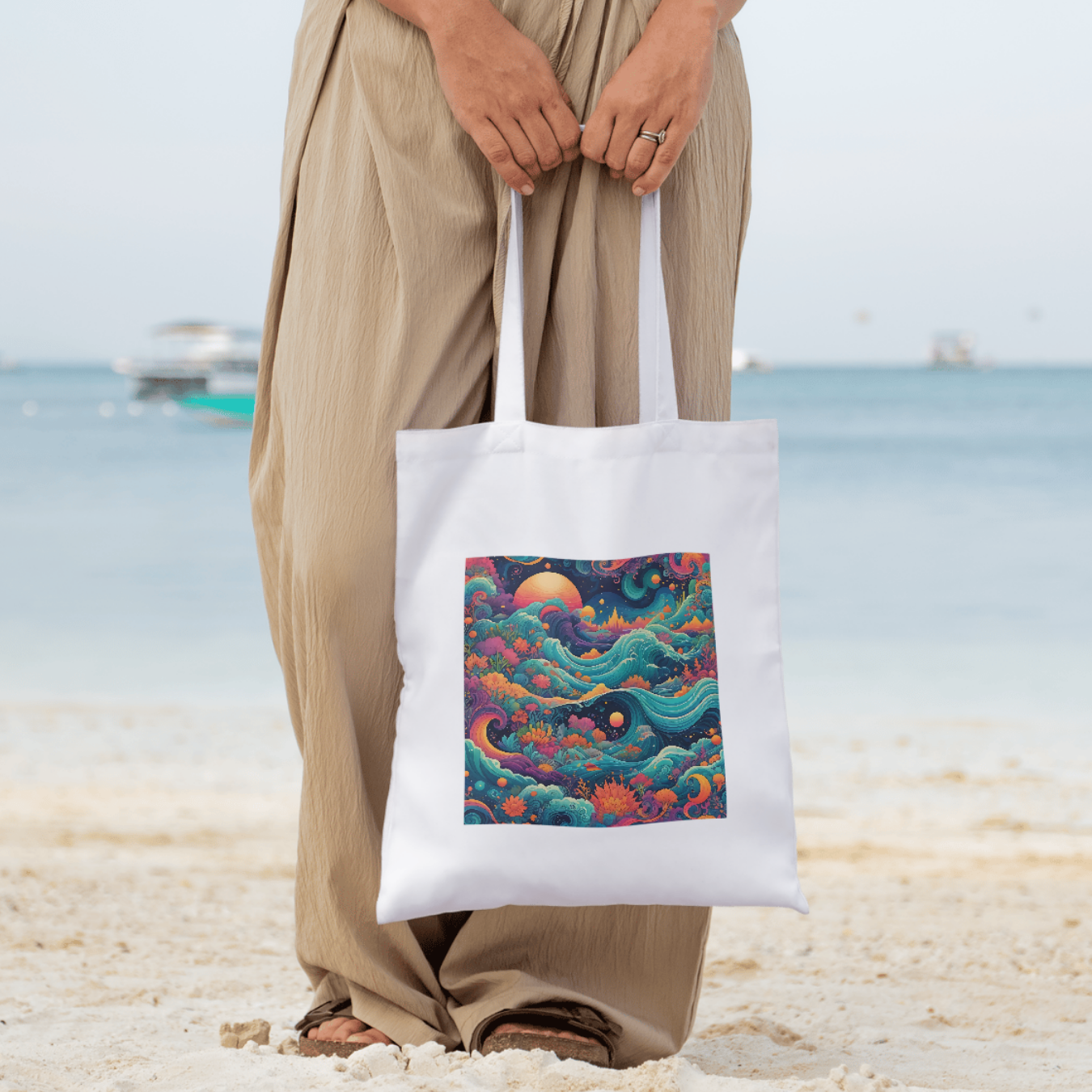 Reusable tote bag featuring a stunning celestial ocean design with glowing waves and swirling sky.