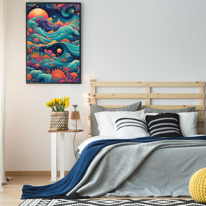 Vertical canvas in a bedroom with an ethereal seascape, where ocean waves meet a dreamlike sky filled with stars and glowing light.