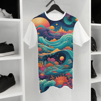 Fantasy seascape graphic tee featuring vibrant waves and celestial elements, ideal for art and nature lovers.