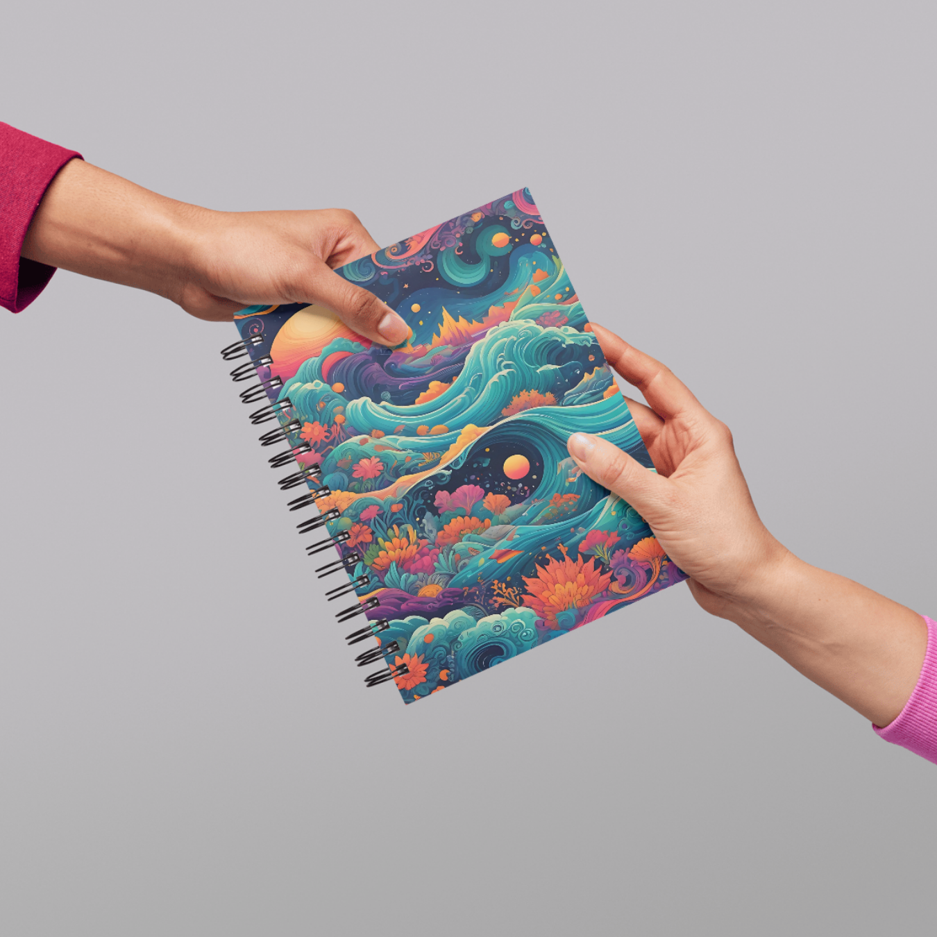 Beautiful fantasy seascape notebook featuring vibrant waves and glowing celestial elements, ideal for note-taking.