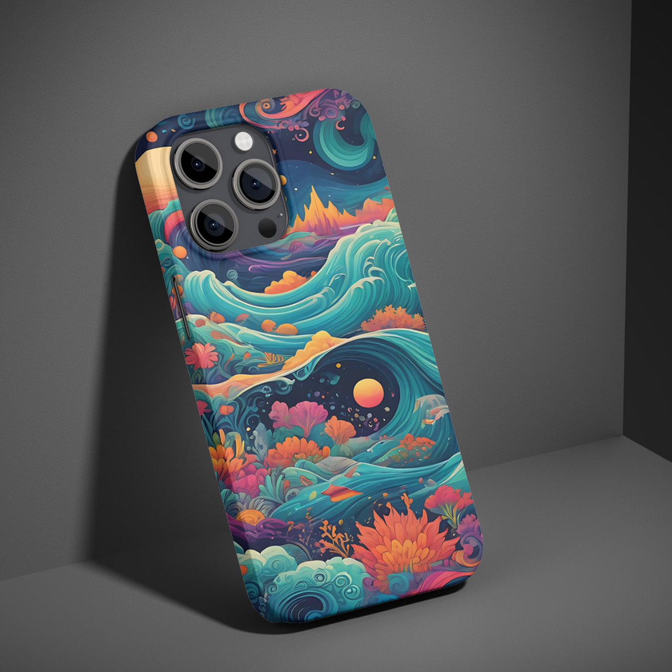 Protective phone cover with a fantasy-inspired ocean and galaxy theme, adding artistic beauty to your device.