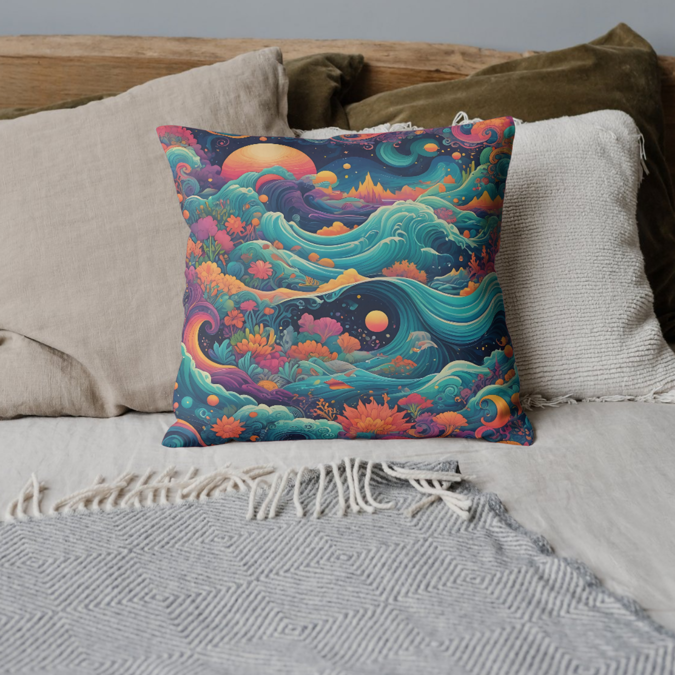 Soft decorative pillow featuring a vibrant celestial ocean scene with glowing waves and a dreamy sky.