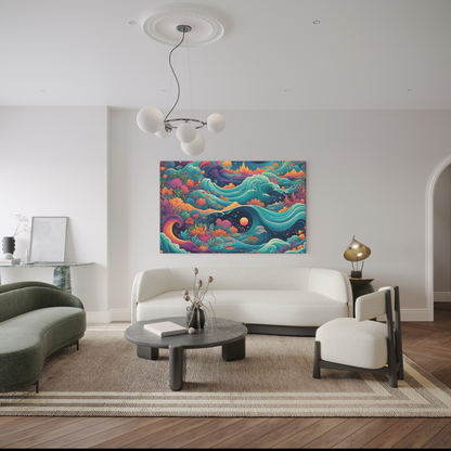 Wide landscape canvas showcasing a stunning ocean and celestial sky blend, perfect for adding a mystical and calming touch to any space.