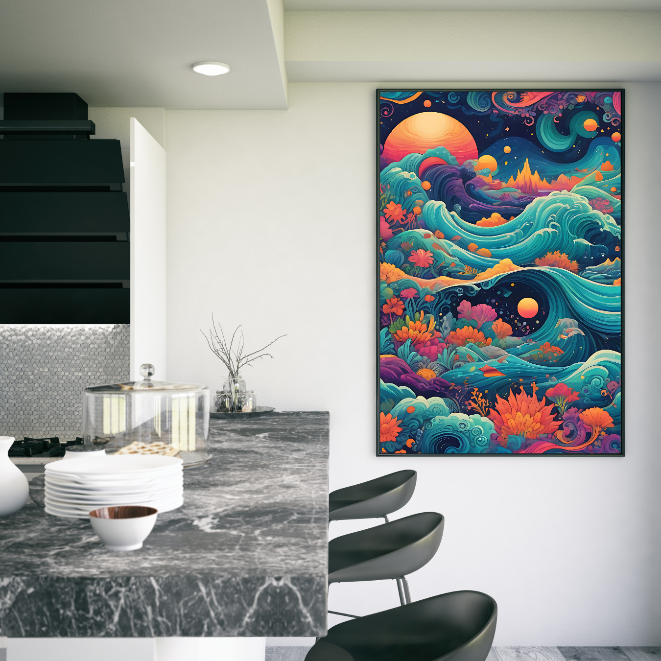 Fantasy-inspired vertical canvas of an ethereal seascape, where ocean waves meet a dreamlike sky filled with stars and glowing light.