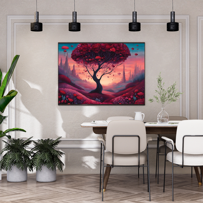 Whimsical red tree artwork with floating blossoms and a dreamlike fantasy landscape – perfect for celestial and surreal home decor