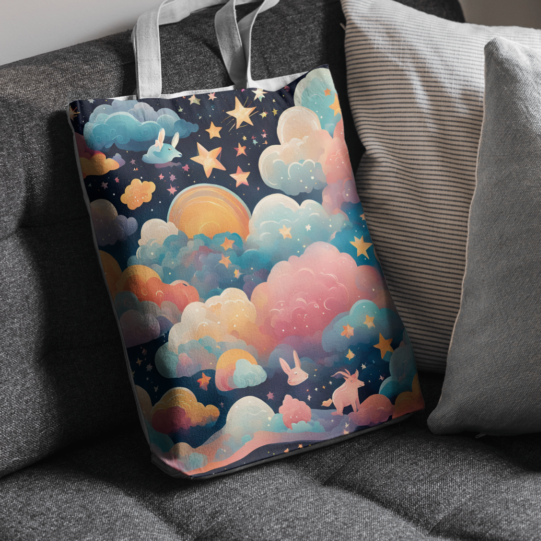 Whimsical colorful wavy clouds and stars design on a chic tote bag