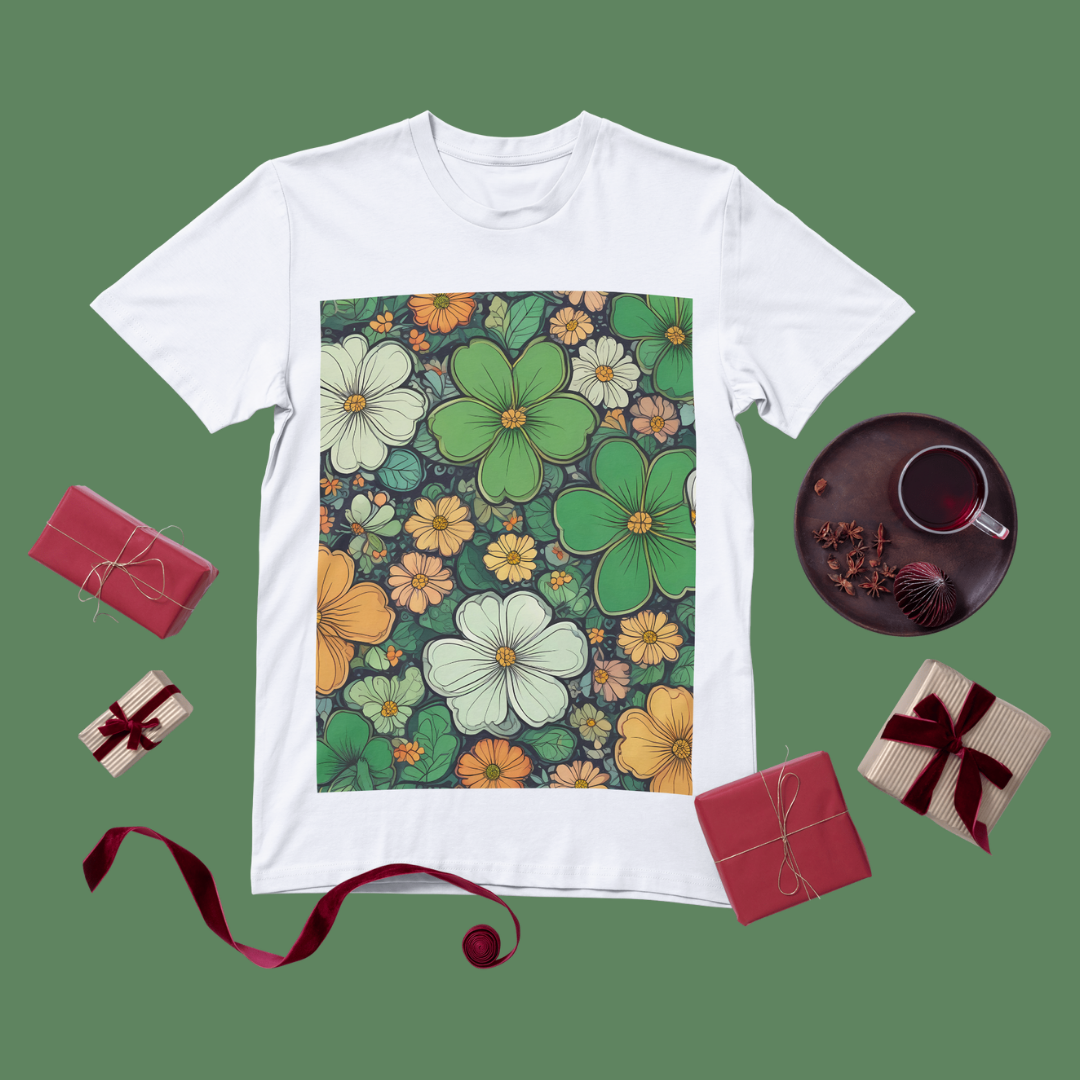 Vintage floral print featuring an elegant mix of green, orange, and cream flowers for a chic look on a white T-shirt 