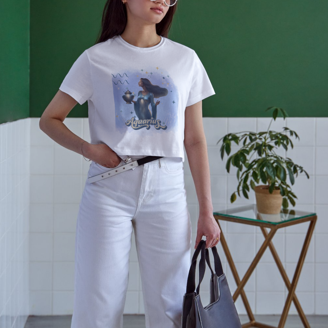 Celestial Aquarius Zodiac Woman print on a trendy astrology T-shirt