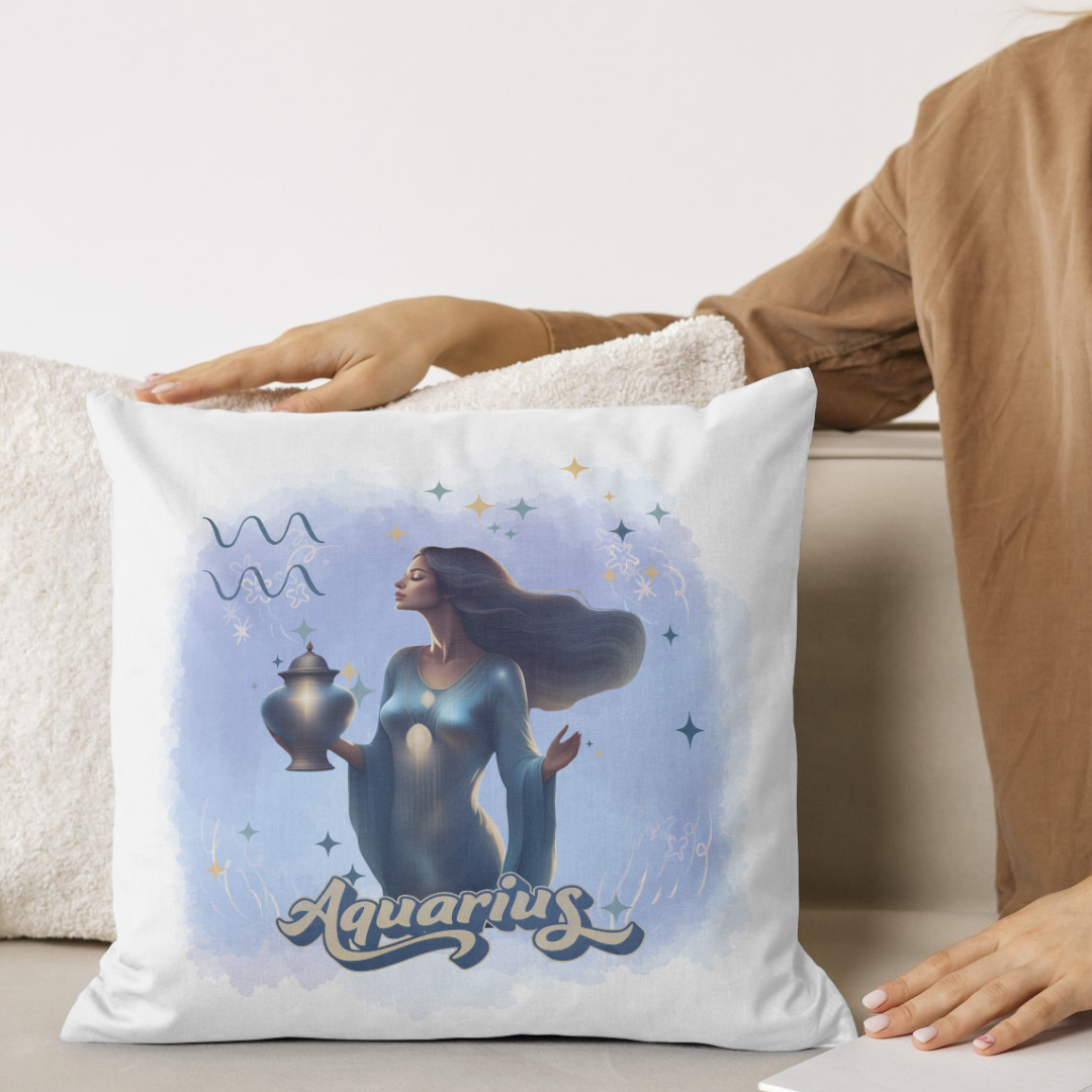 Aquarius Zodiac Woman celestial print on a cozy decorative pillow