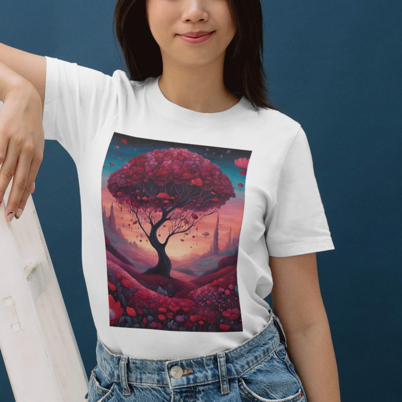 Whimsical dreamscape art on a fantasy-themed t-shirt featuring a mystical red tree and floating petals.