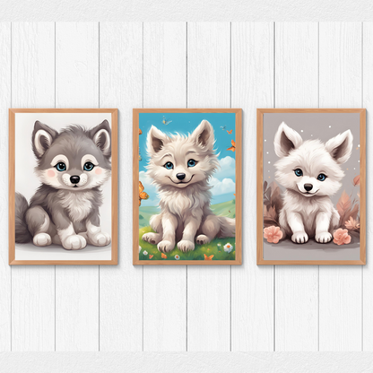 Digital art print featuring an adorable baby wolf, perfect for woodland nursery or cozy home décor.