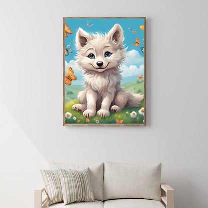 Premium quality wolf cub illustration for rustic, bohemian, or woodland-style interior design.