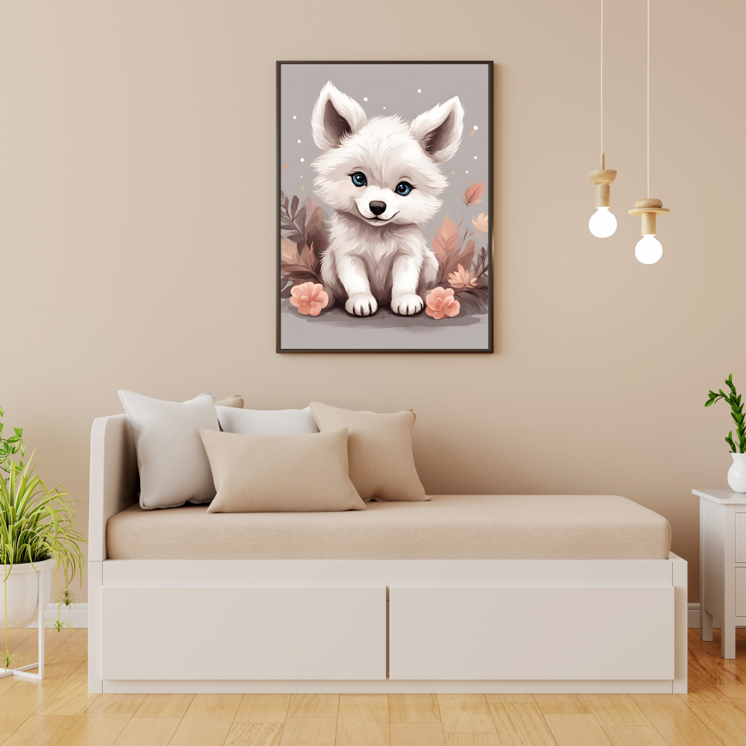 High-resolution baby wolf painting, ideal for nursery wall art, kids’ bedrooms, or gift ideas.