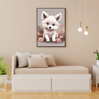 High-resolution baby wolf painting, ideal for nursery wall art, kids’ bedrooms, or gift ideas.