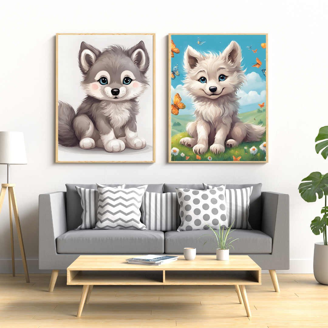 High-quality illustration of a fluffy wolf pup, ideal for nature lovers and rustic interior design.