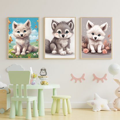 Cute baby wolf printable wall art for wildlife enthusiasts, nursery decoration, or kids' room styling