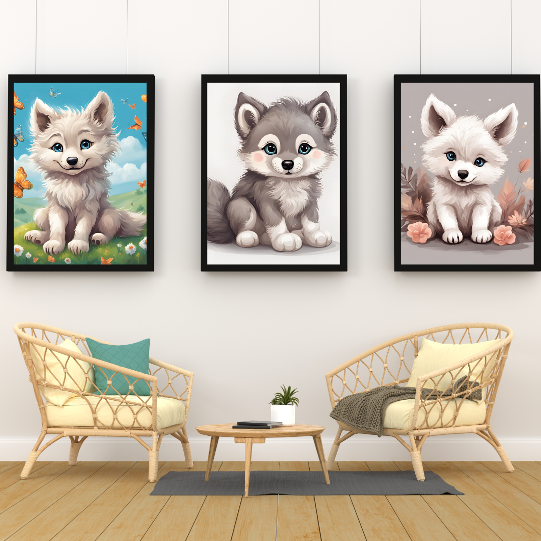 Woodland animal artwork showcasing a playful wolf cub, great for a boho or forest-themed space