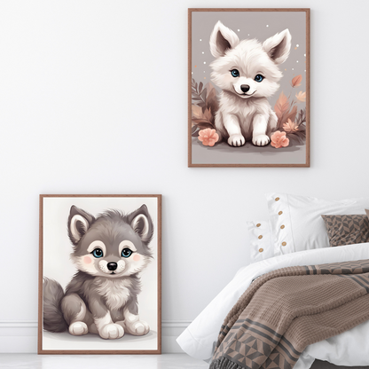 Hand-drawn baby wolf artwork in a whimsical setting, suitable for rustic and cottagecore interiors