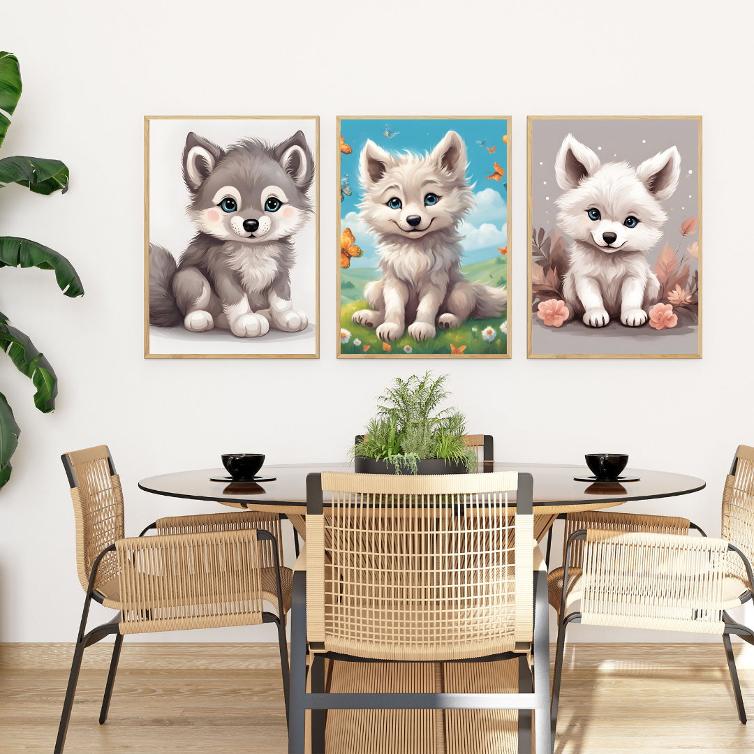 Wildlife-inspired nursery wall art featuring a fluffy wolf cub, a great gift for animal lovers.