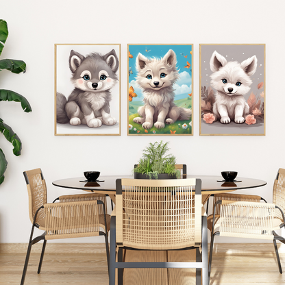 Wildlife-inspired nursery wall art featuring a fluffy wolf cub, a great gift for animal lovers.