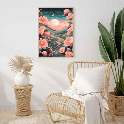 Beautiful botanical poster with glowing coral blossoms and a fantasy-inspired nature theme