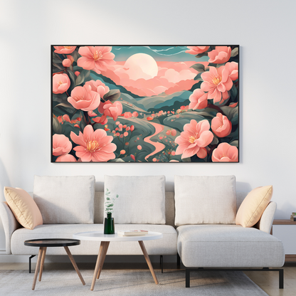 A breathtaking landscape canvas of a dreamy floral valley with glowing celestial light, ideal for bedrooms and meditation spaces.