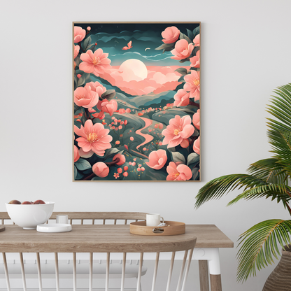 Dreamy floral painting with soft coral flowers and a glowing moon, blending fantasy and nature-inspired beauty