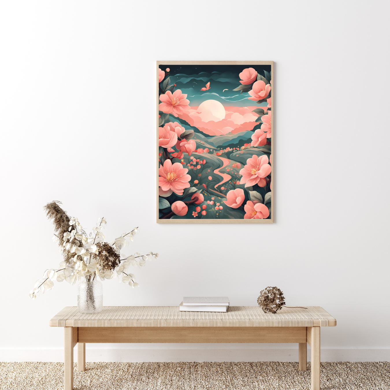 Nature-inspired poster print featuring a dreamy floral scene with warm peach blossoms and celestial light