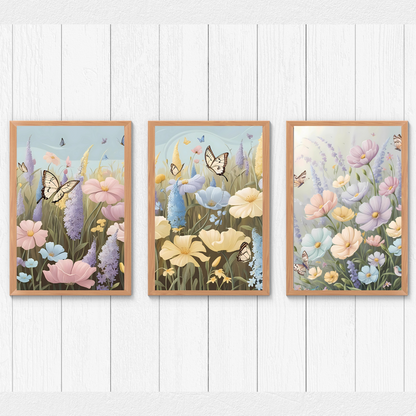 Pastel wildflower and butterfly wall art set, digital floral print bundle for home decor, instant download