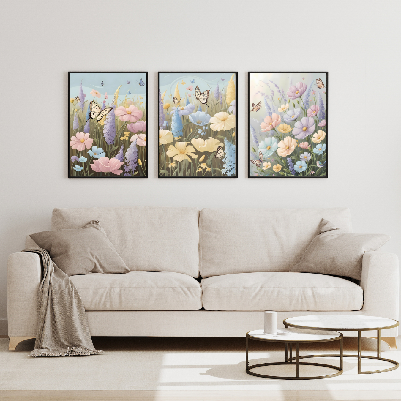 Boho butterfly and flower print set, vintage-inspired botanical wall art, nature decor for bedrooms