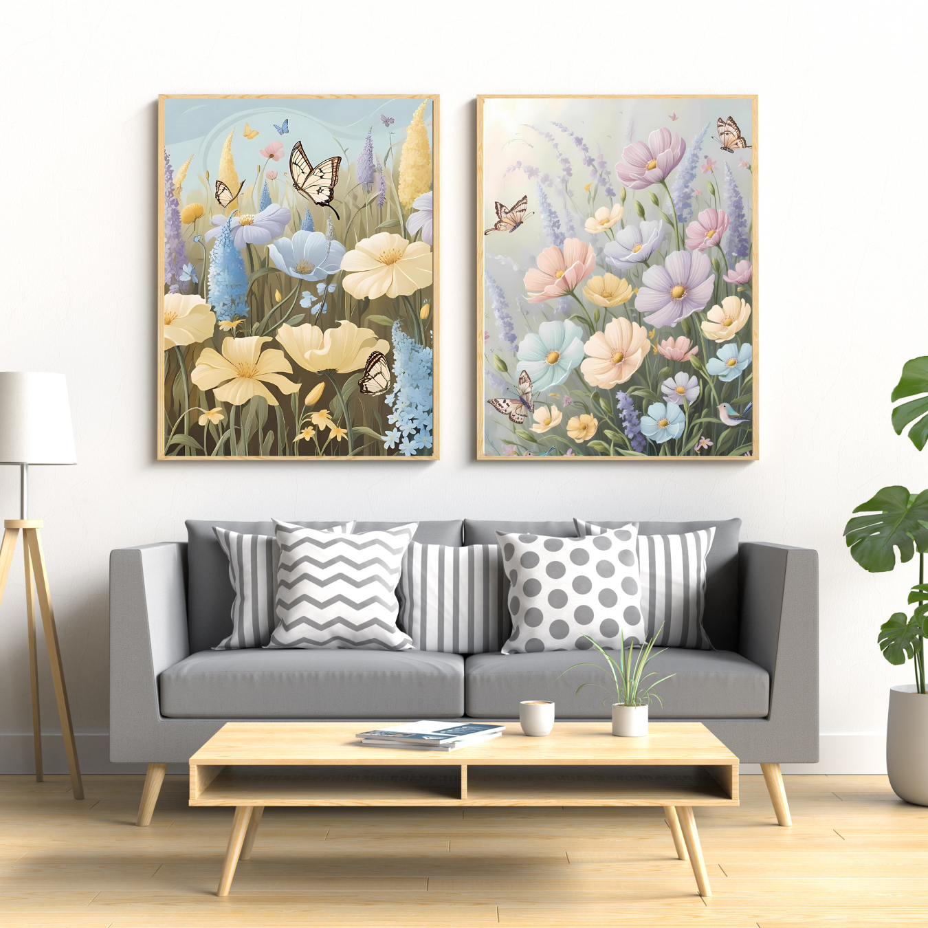 Romantic meadow wildflowers and butterflies, soft watercolor digital prints, instant download wall decor