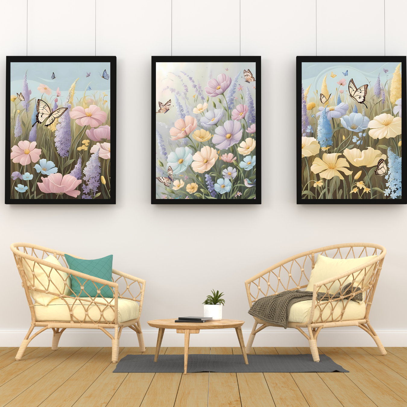 Whimsical pastel floral poster set, delicate botanical artwork for boho and cottagecore interiors