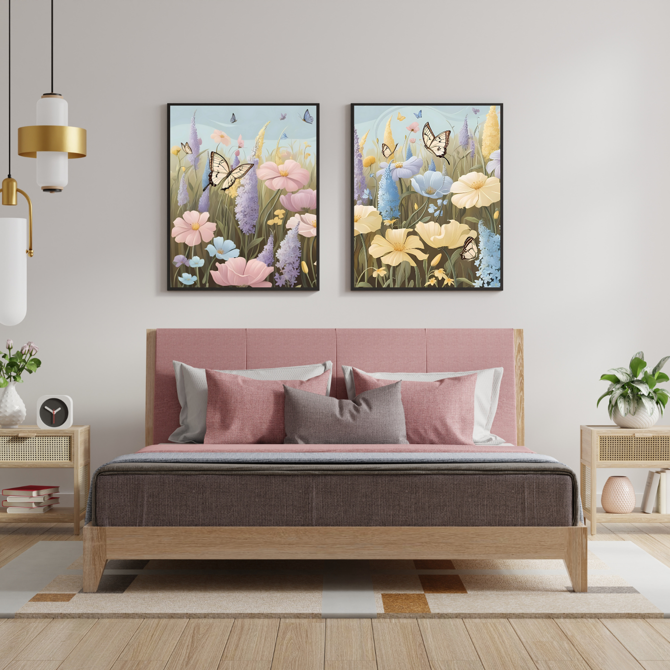 Dreamy butterfly and flower art prints, minimalistic and calming pastel botanical print set