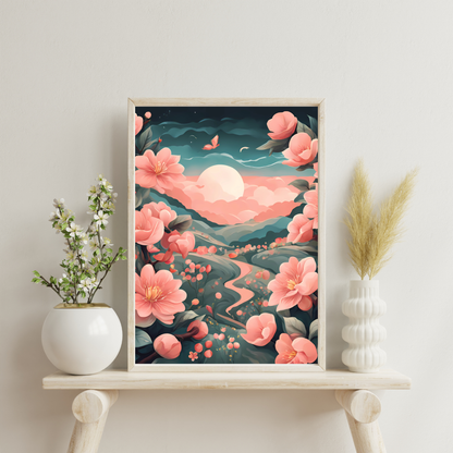 Serene fantasy-inspired artwork with blooming peach flowers, pastel clouds, and celestial elements, perfect for home decor.