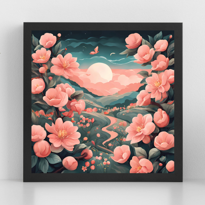 Aesthetic botanical canvas print in soft pink and deep green hues, adding warmth and tranquility to any space.