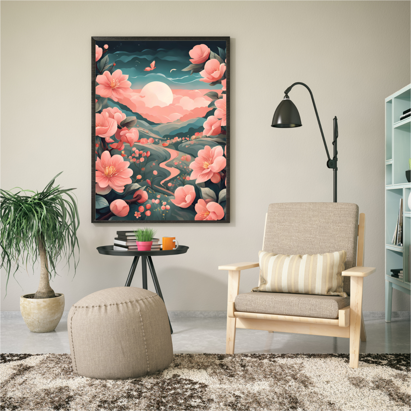 Aesthetic floral canvas on wall with dreamy peach blossoms and celestial details, perfect for tea lovers and nature enthusiast